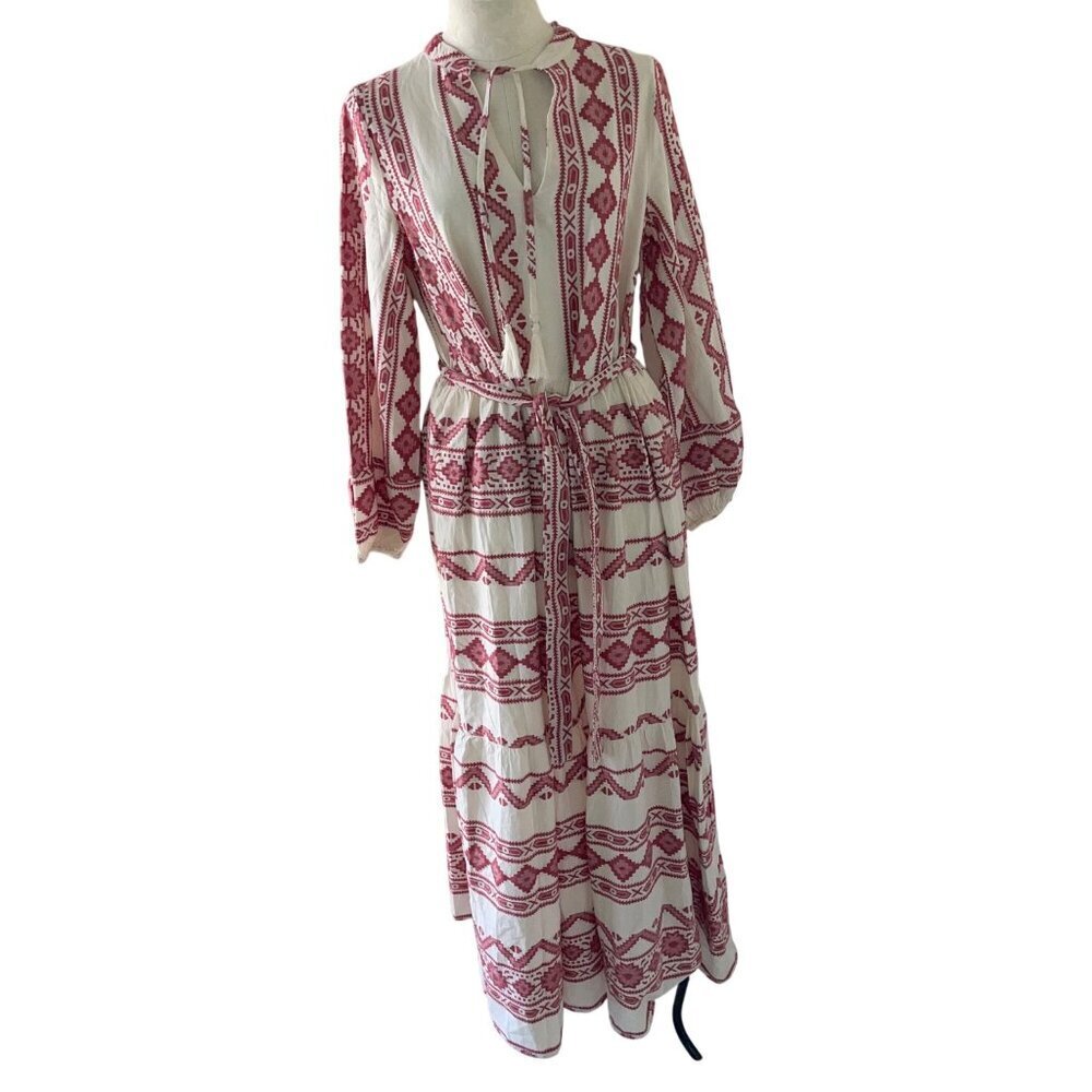 M&S Collection Womens Dress Size Small Red Jacquard Maxi Belted Casual Cotton